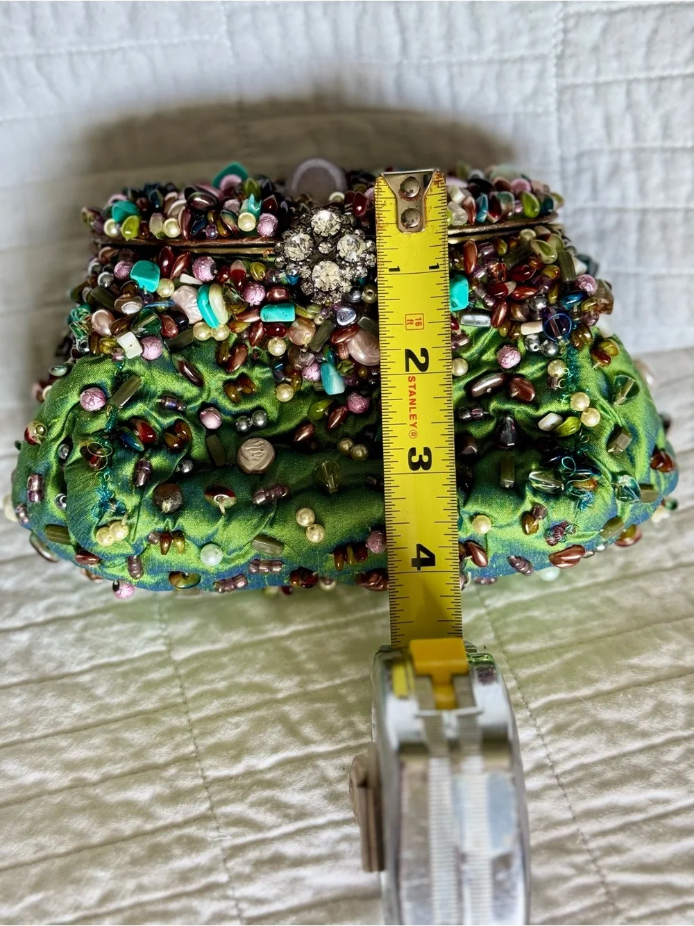 Vintage Mary Frances Beaded Green Embellished Evening Clutch with Chain